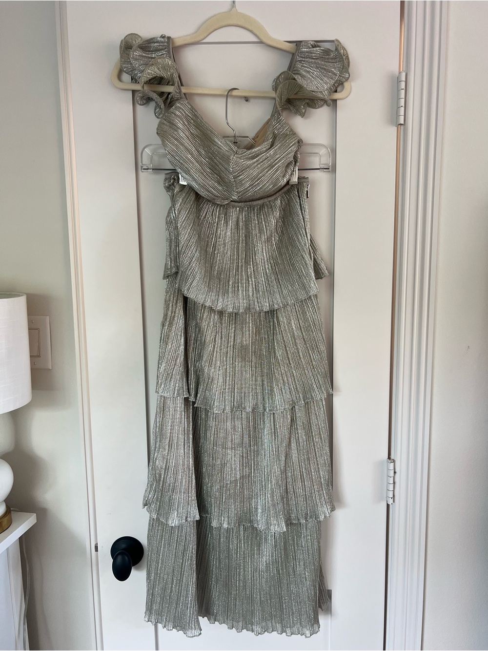 SAYLOR Silver Pleated Tiered Maxi Dress